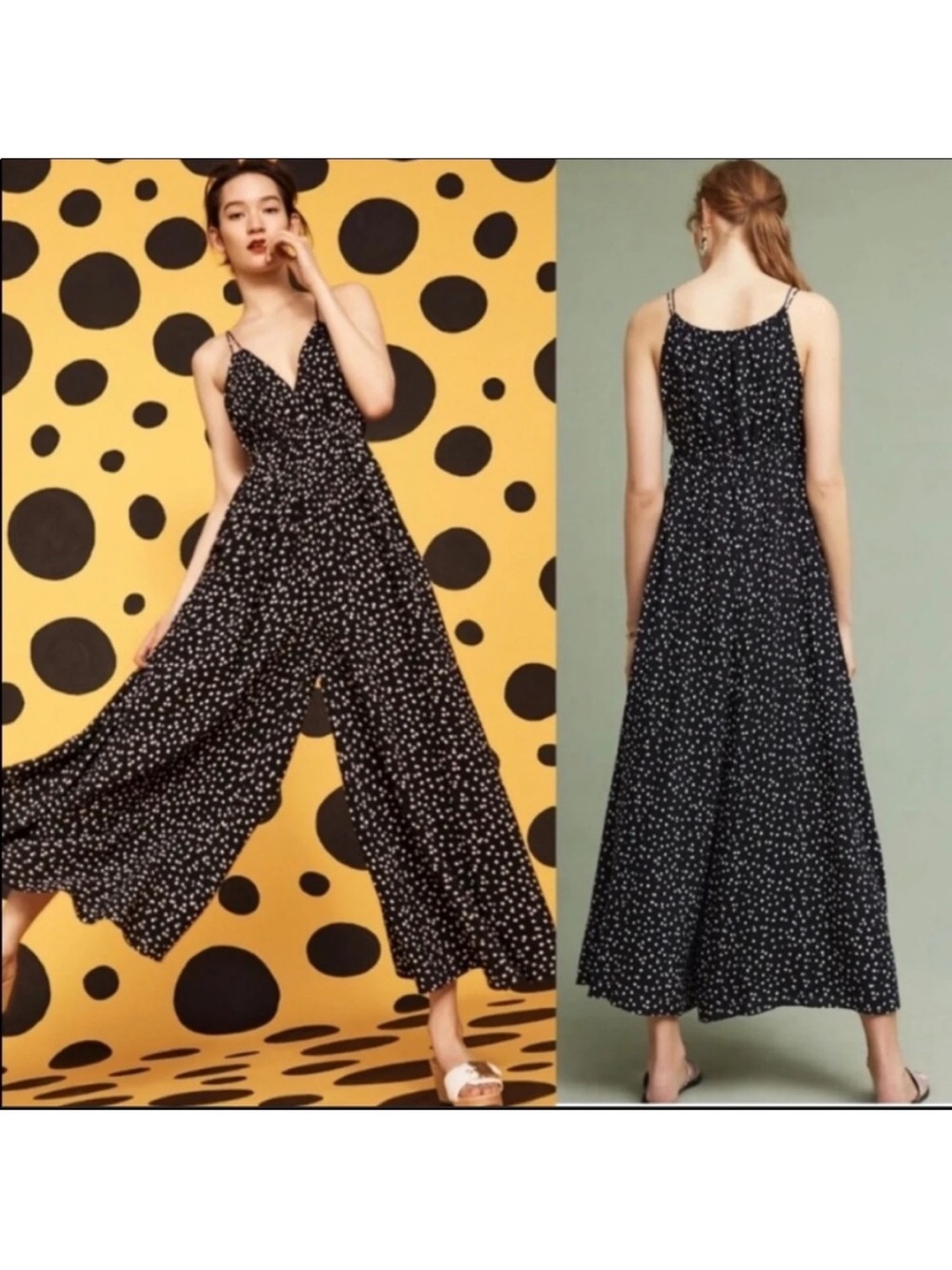 Anthropologie Maeve Finley Black White Polka Dot Cropped Wide Leg Jumpsuit 2